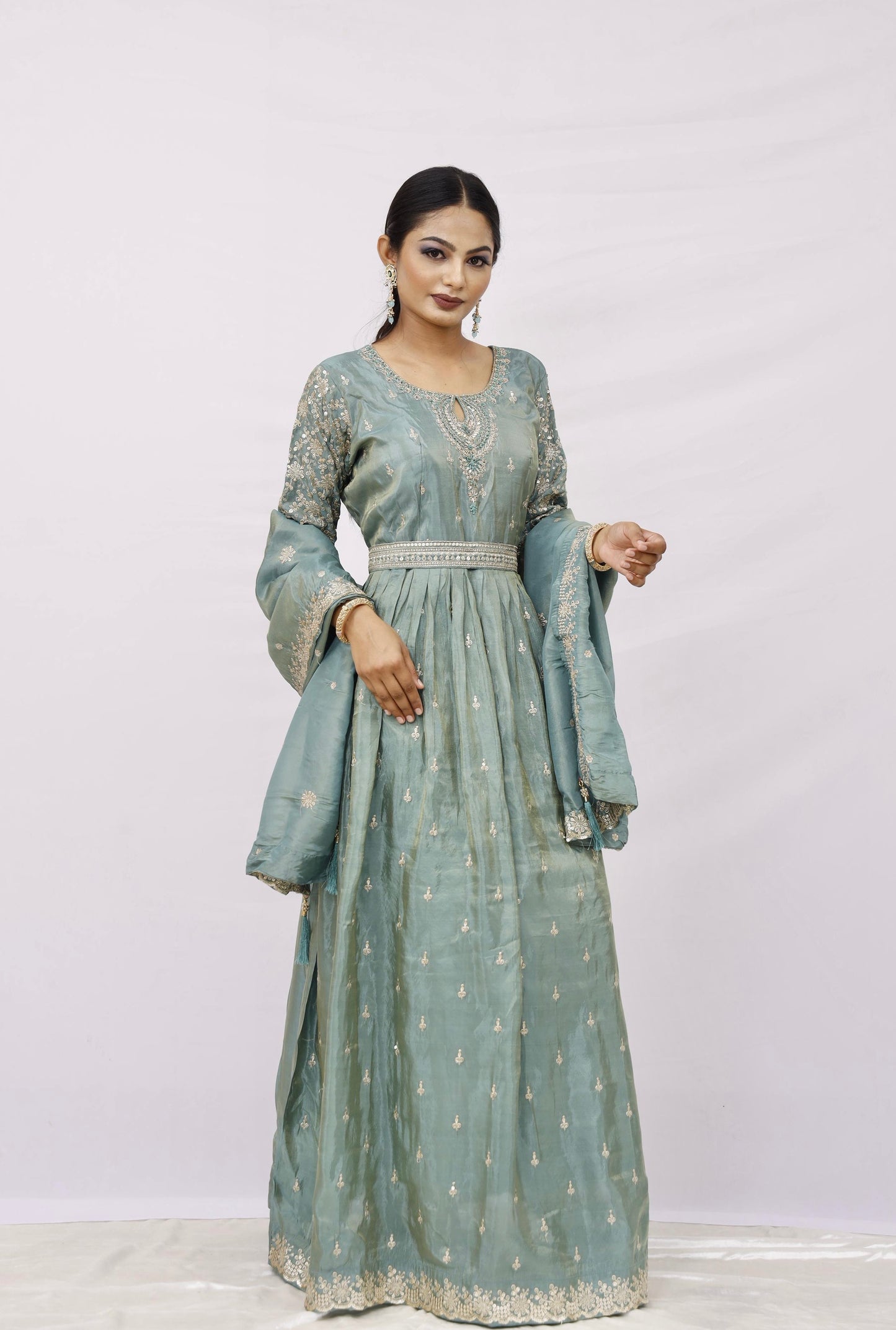 Anarkali suit with churidar and dupatta