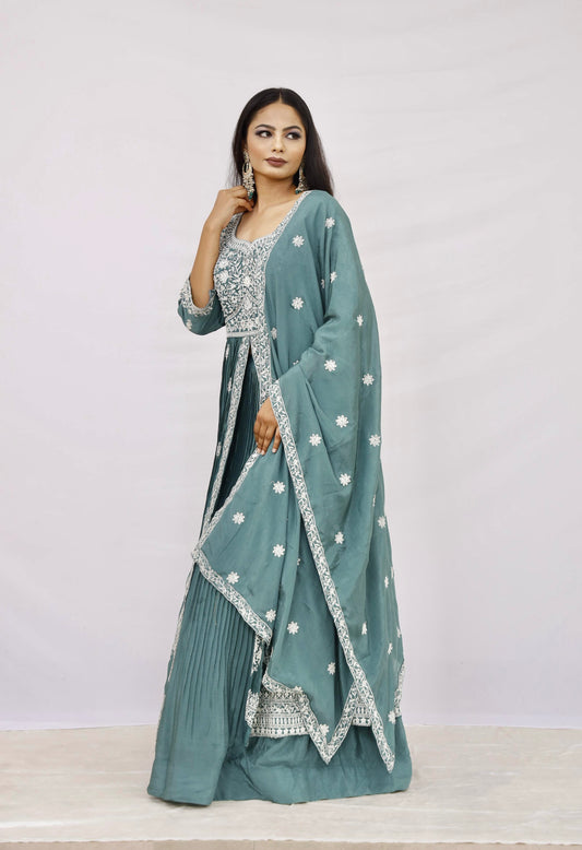 Teal Green Thread Embroidered Anarkali Set
