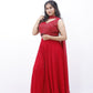 Red Divider Skirt Set with Embellished Blouse & Cape Sleeves