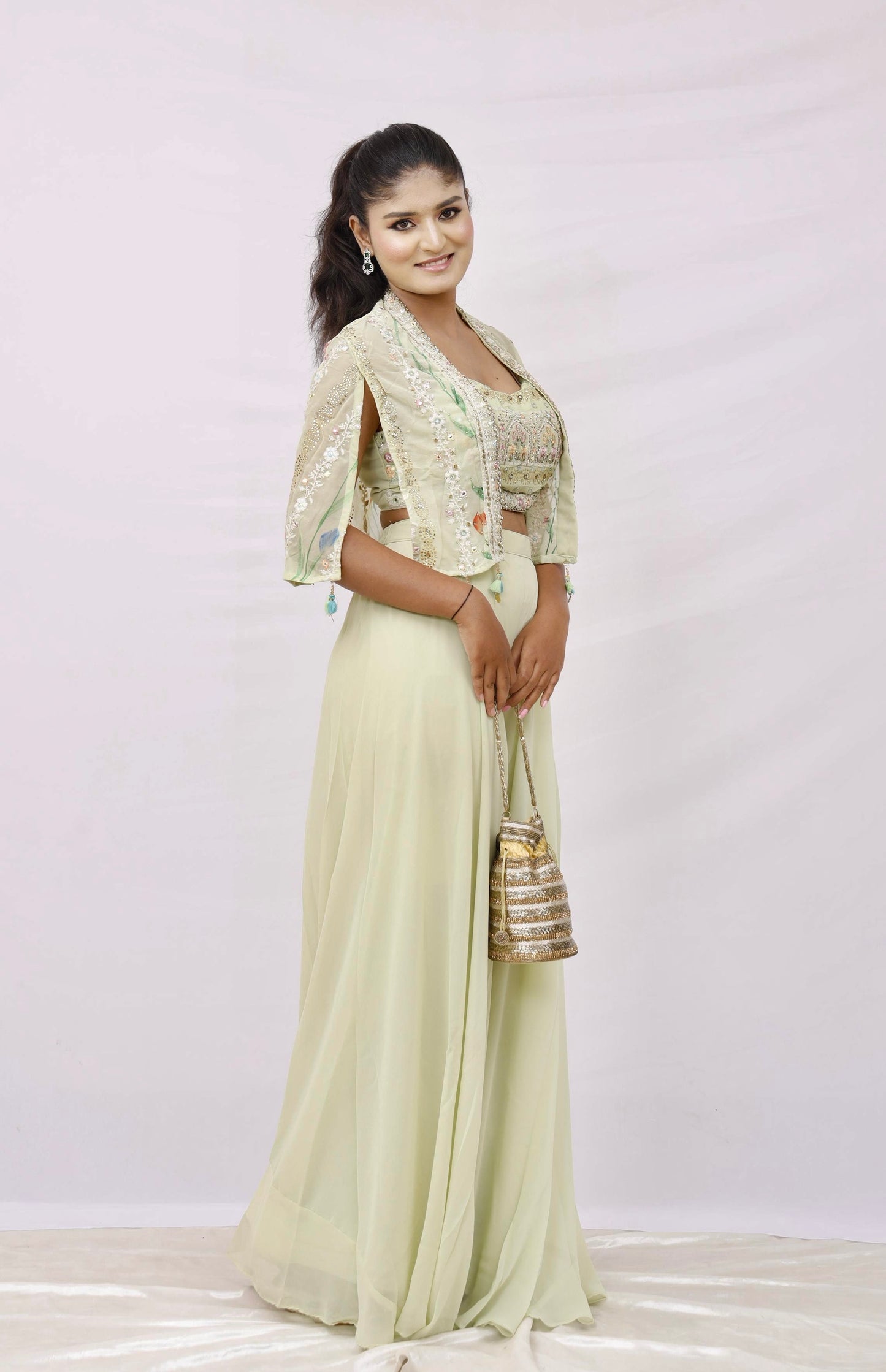 Pastel Green Embroidered Cape Set