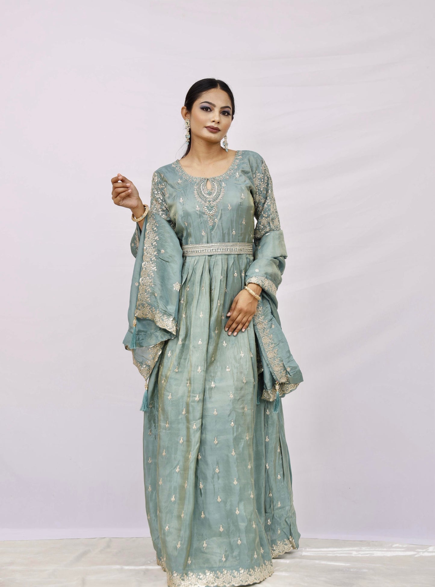 Anarkali suit with churidar and dupatta