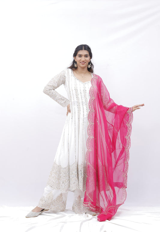White Glam Mirror Work Anarkali Set with Pink Dupatta