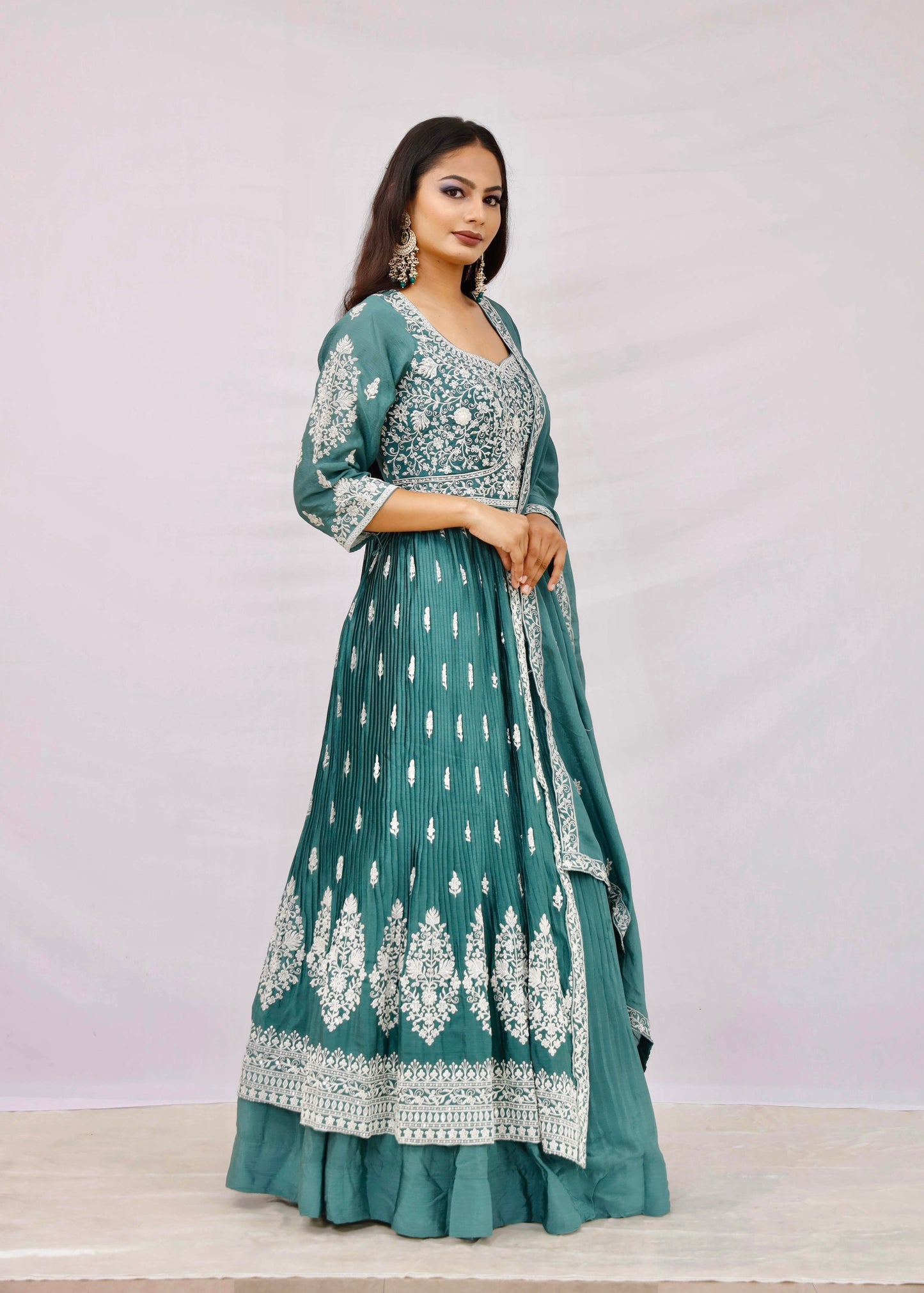 Teal Green Thread Embroidered Anarkali Set