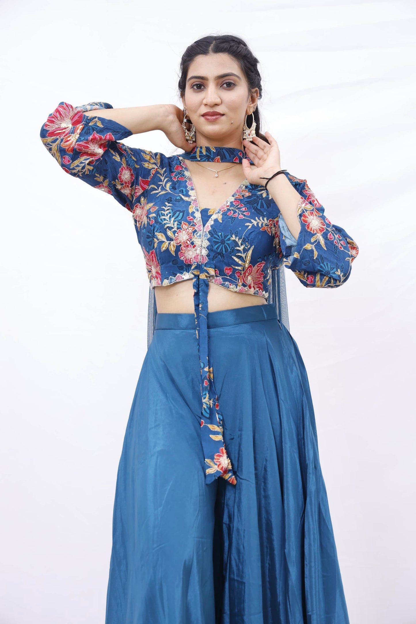 Teal Blue Floral Embroidered Indo-Western Set