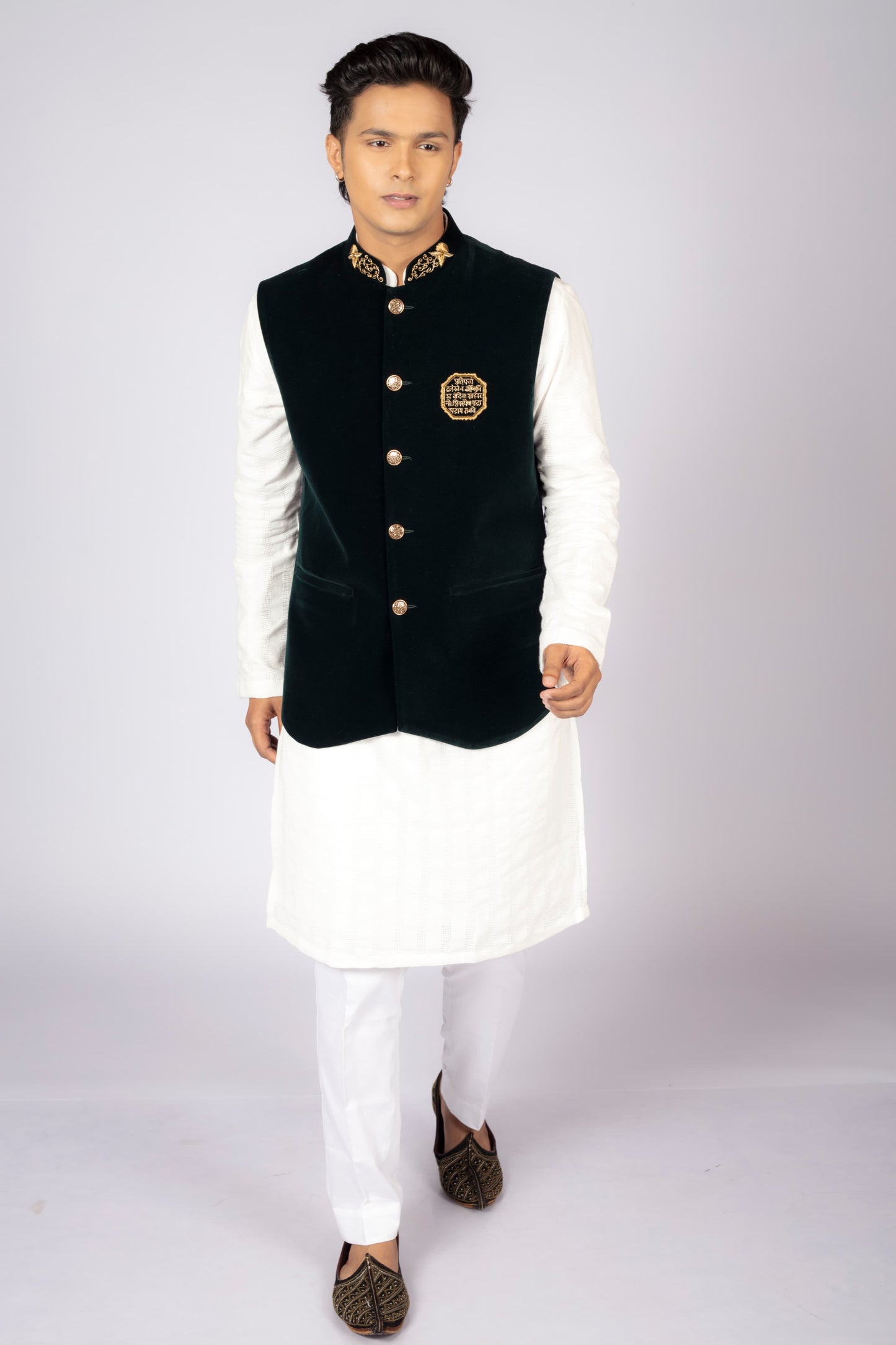 Men's Traditional White Kurta Pajama Set with Black Velvet Nehru Jacket