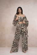 Beige and black printed co-ord set for women with shirt, pants and crop top – Rare Breed collection by Jarisuta Lifestyle