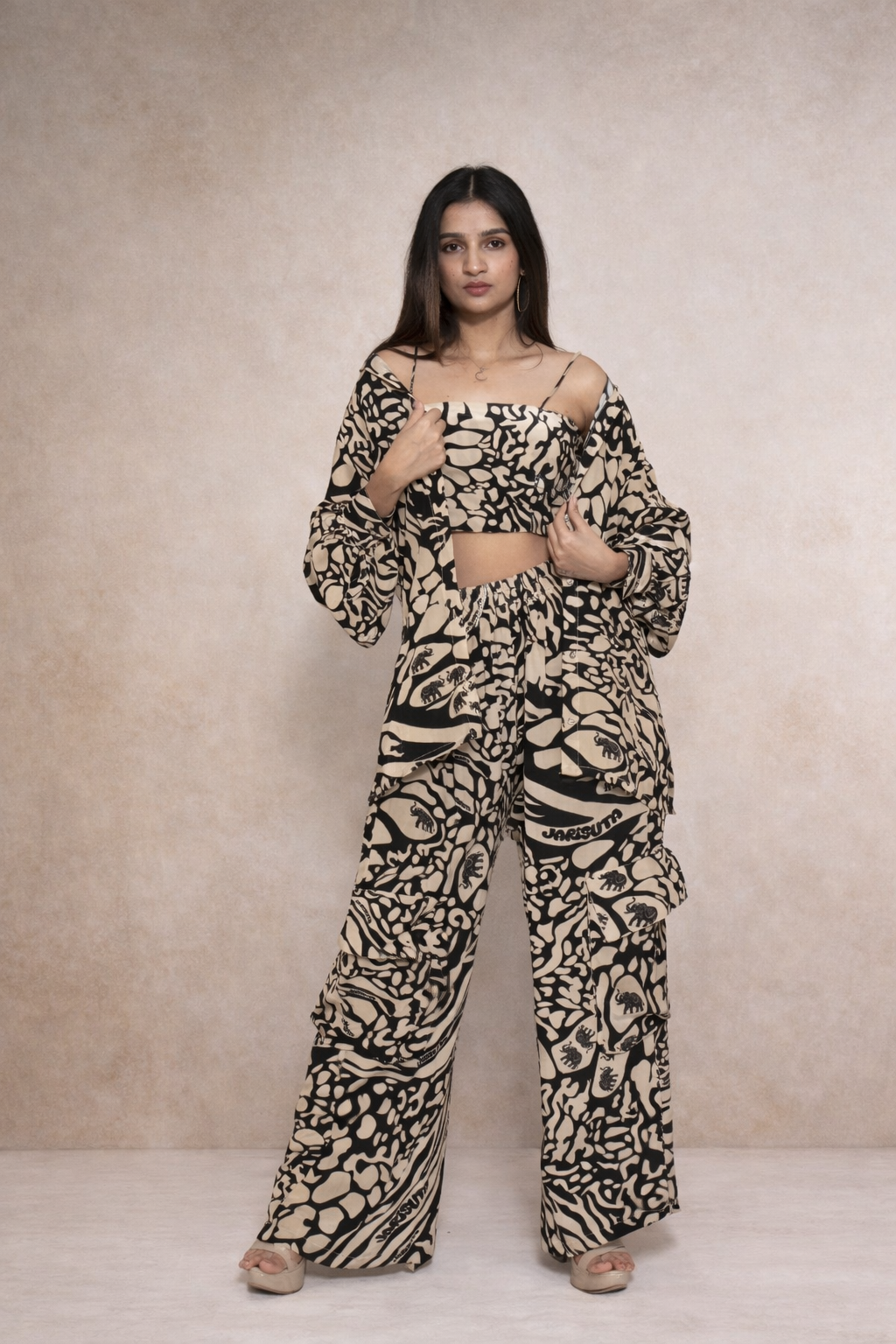 Beige and black printed co-ord set for women with shirt, pants and crop top – Rare Breed collection by Jarisuta Lifestyle
