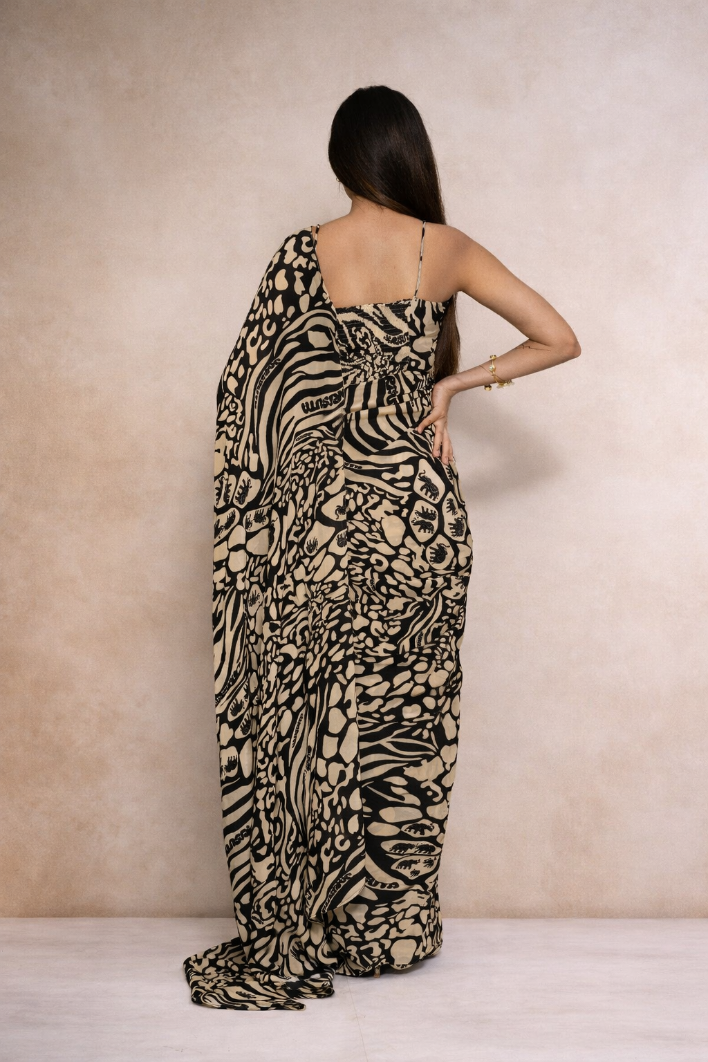 Beige black modern saree for women  contemporary statement drape by Jarisuta Lifestyle Rare Breed collection