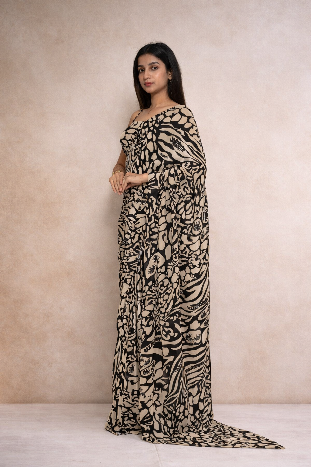 Beige black modern saree for women  contemporary statement drape by Jarisuta Lifestyle Rare Breed collection
