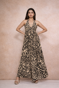 Beige black printed maxi dress for women with halter neck – Rare Breed collection by Jarisuta Lifestyle