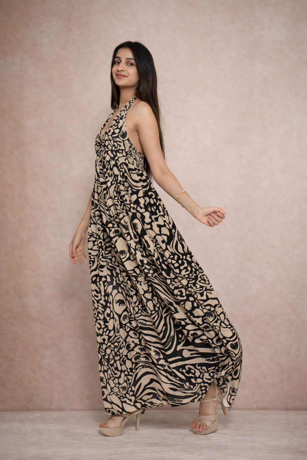 Beige black printed maxi dress for women with halter neck Rare Breed collection by Jarisuta Lifestyle