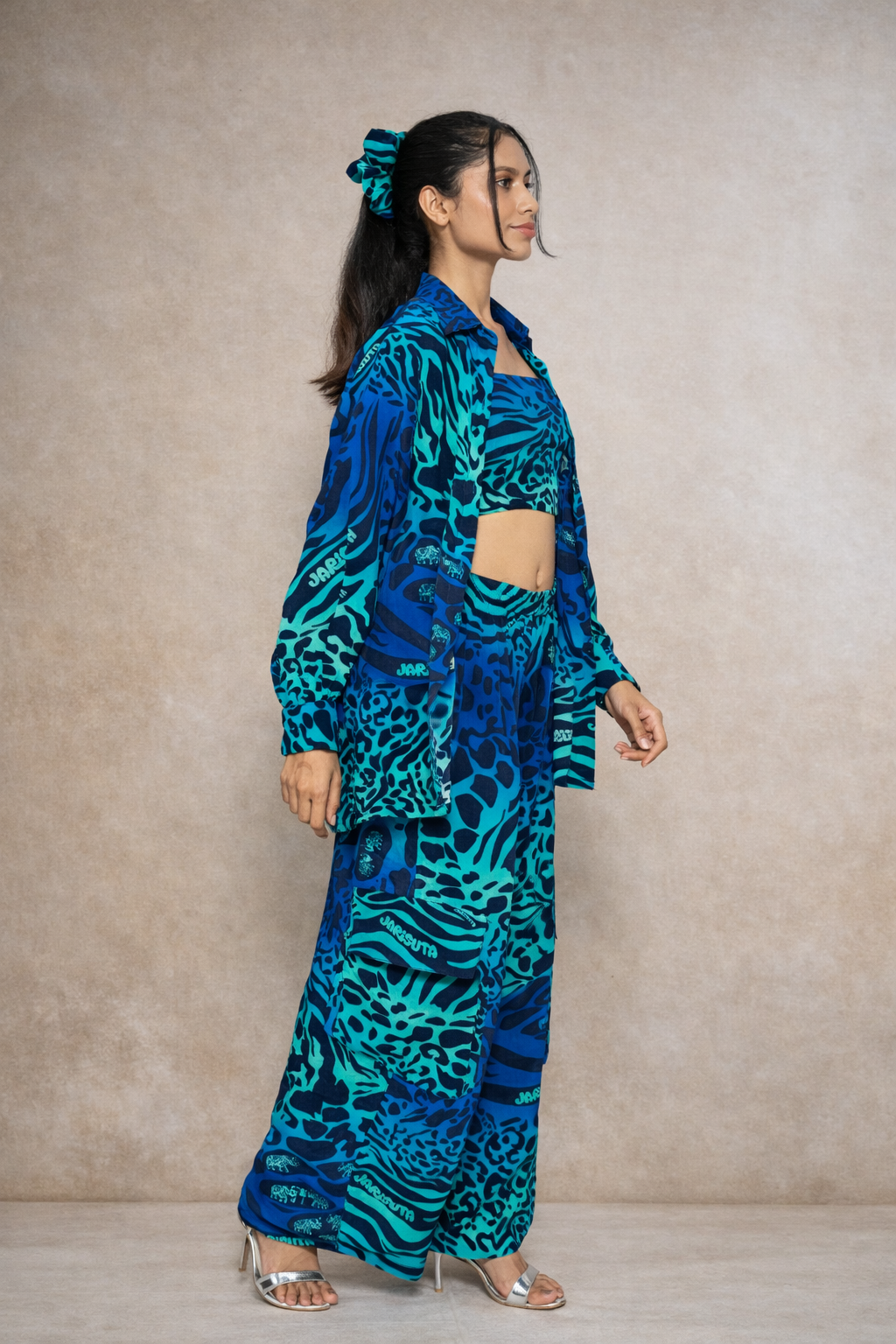 Blue printed co-ord set for women with shirt, pants and crop top – Rare Breed collection by Jarisuta Lifestyle
