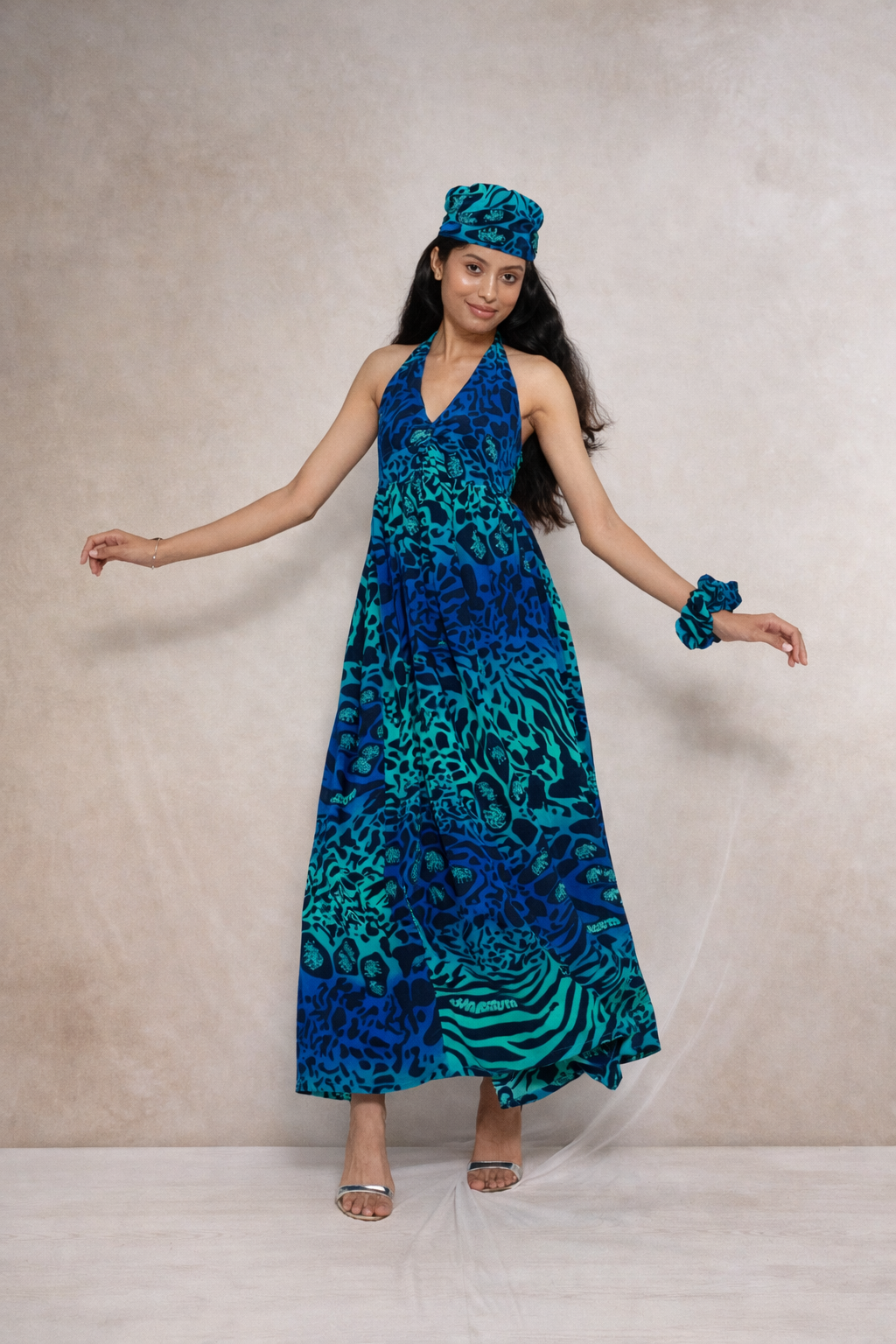 Blue printed maxi dress for women with halter neck – Rare Breed collection by Jarisuta Lifestyle