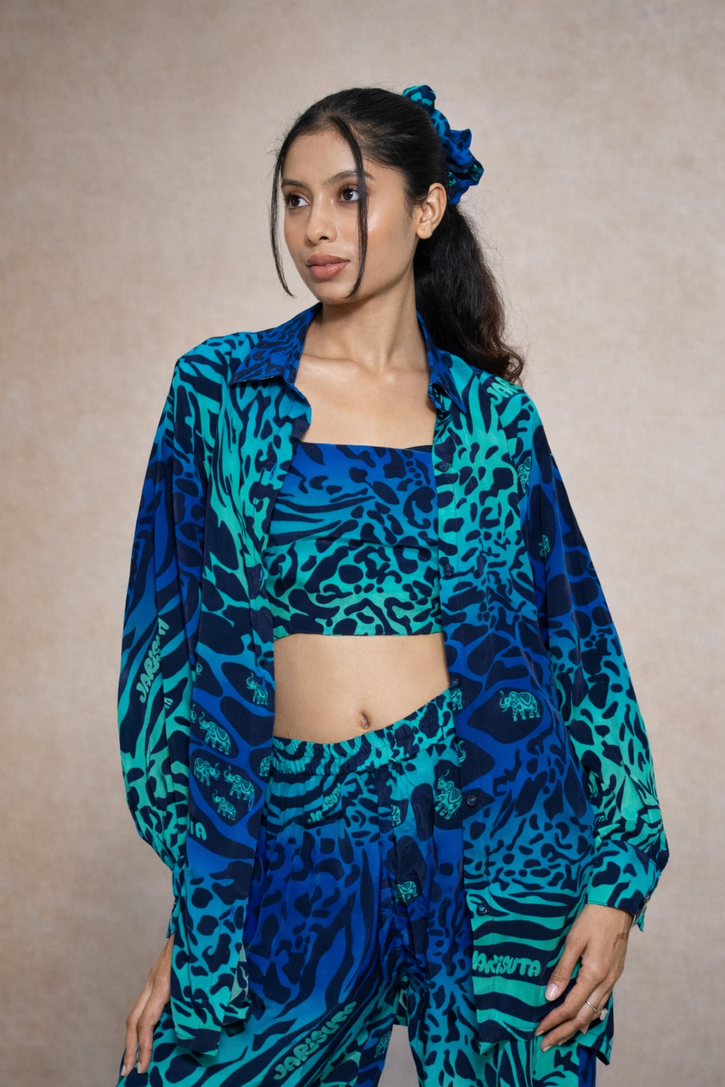 Blue printed co-ord set for women with shirt, pants and crop top – Rare Breed collection by Jarisuta Lifestyle