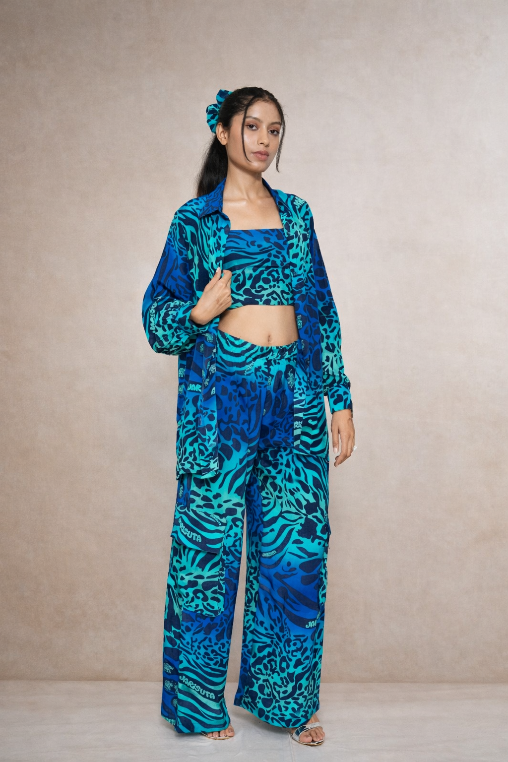 Blue printed co-ord set for women with shirt, pants and crop top – Rare Breed collection by Jarisuta Lifestyle