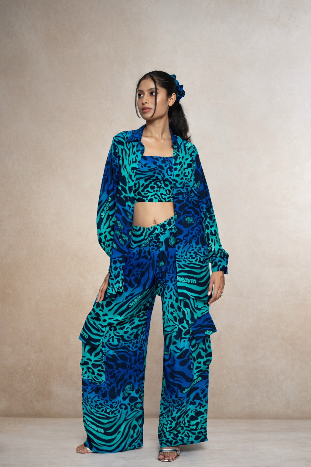 Blue printed co-ord set for women with shirt, pants and crop top – Rare Breed collection by Jarisuta Lifestyle