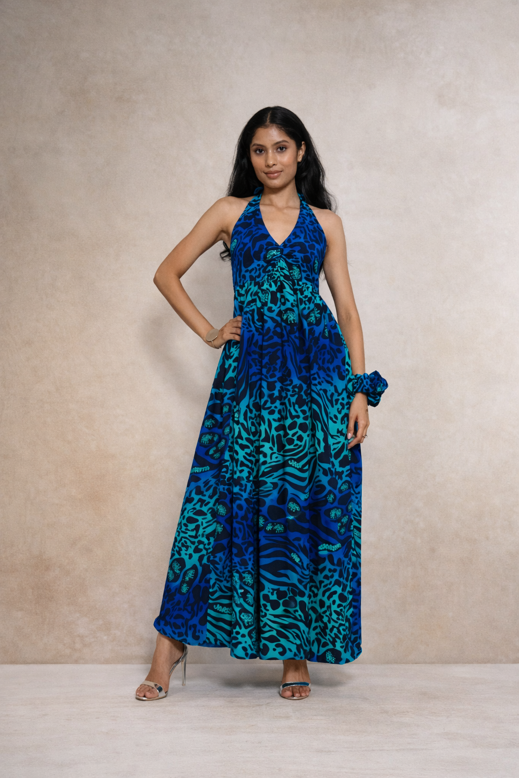 Blue printed maxi dress for women with halter neck Rare Breed collection by Jarisuta Lifestyle