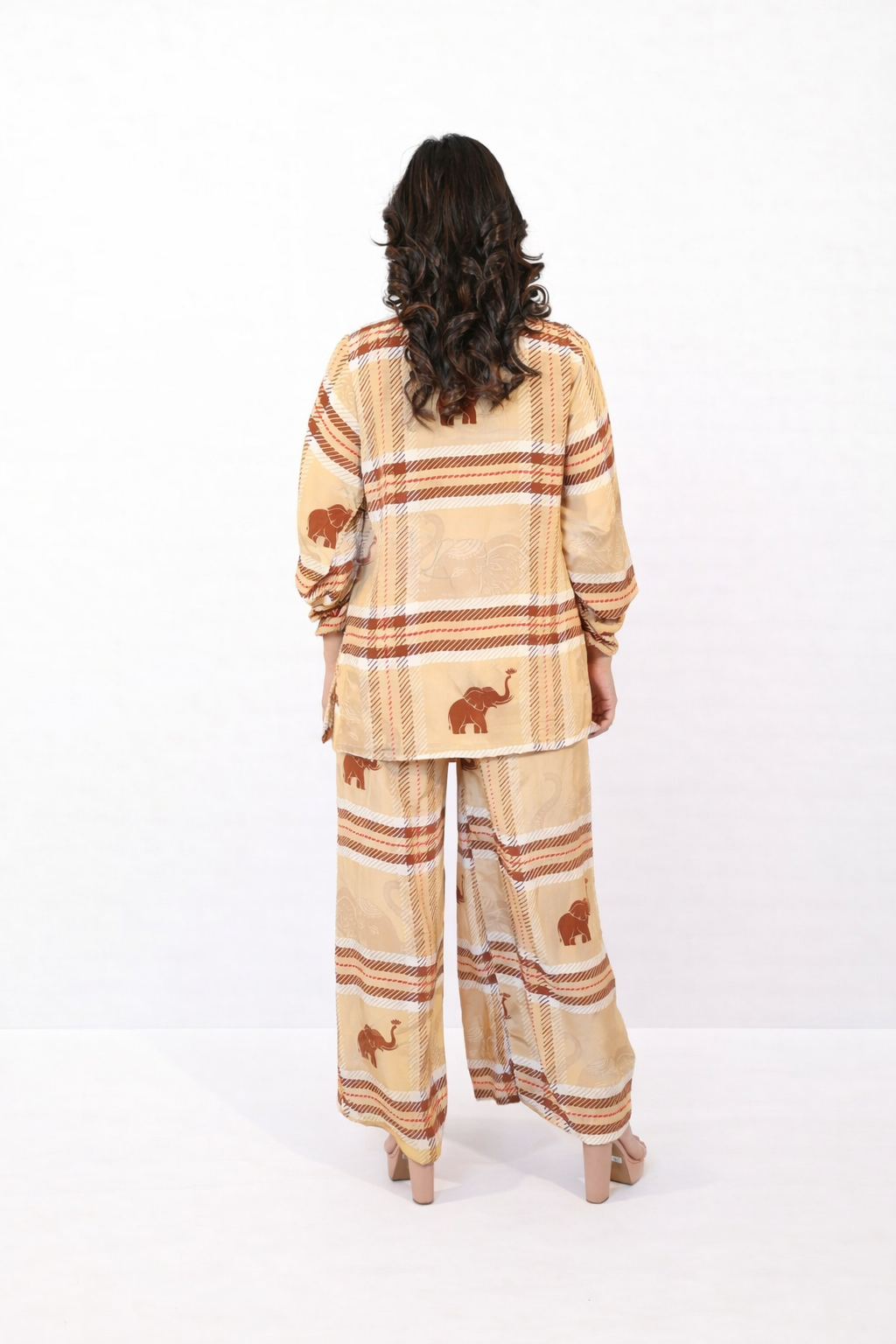 Caramel printed co-ord set for women with shirt and pant statement outfit by Jarisuta Lifestyle