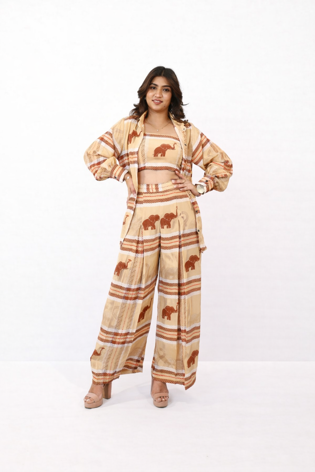 Caramel printed co-ord set for women with shirt and pant statement outfit by Jarisuta Lifestyle