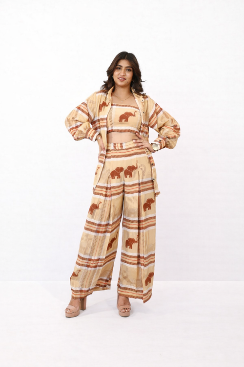 Caramel printed co-ord set for women with shirt and pant statement outfit by Jarisuta Lifestyle