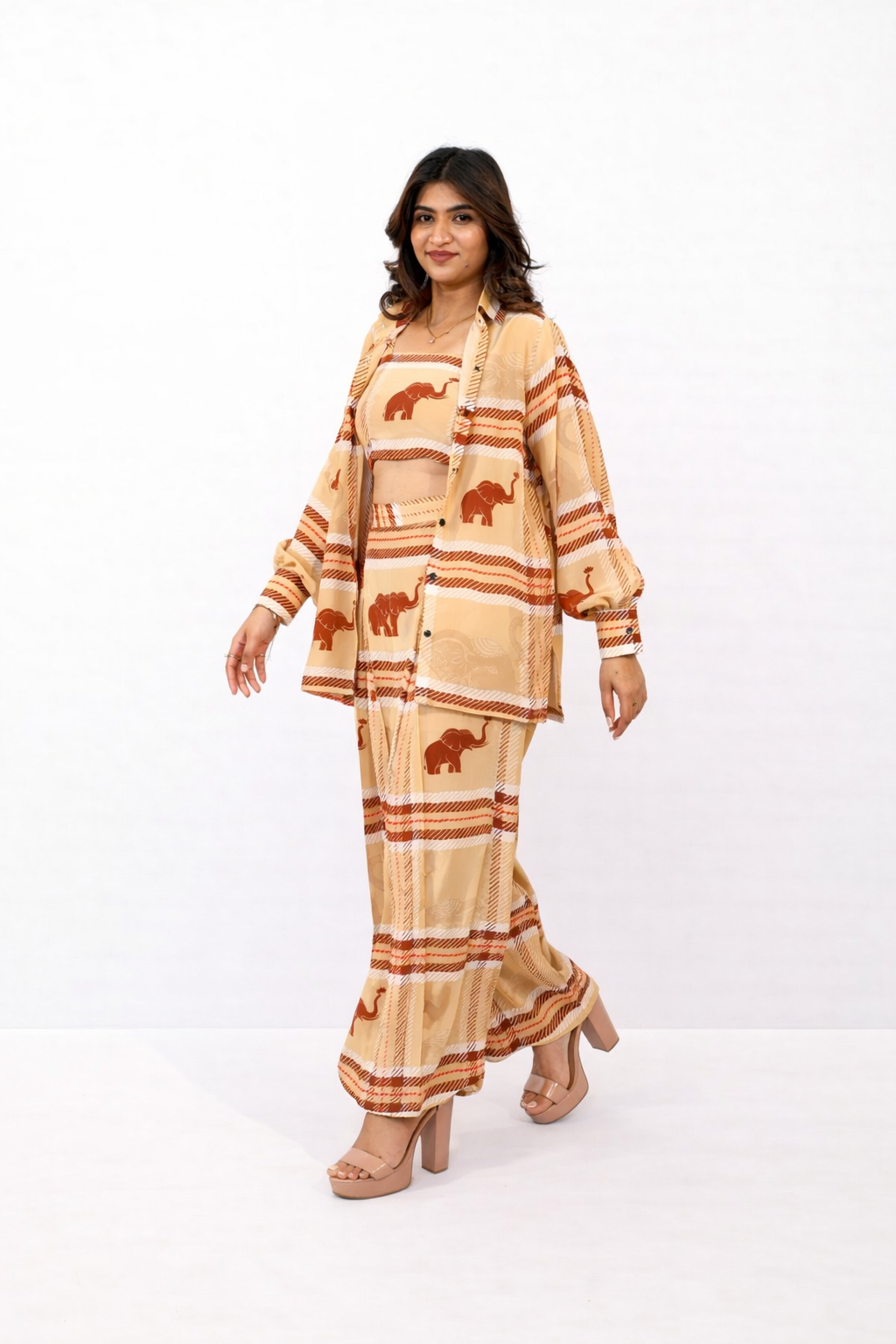 Caramel printed co-ord set for women with shirt and pant statement outfit by Jarisuta Lifestyle