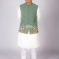 Men's Sage Green Embroidered Nehru Jacket with White Kurta Set