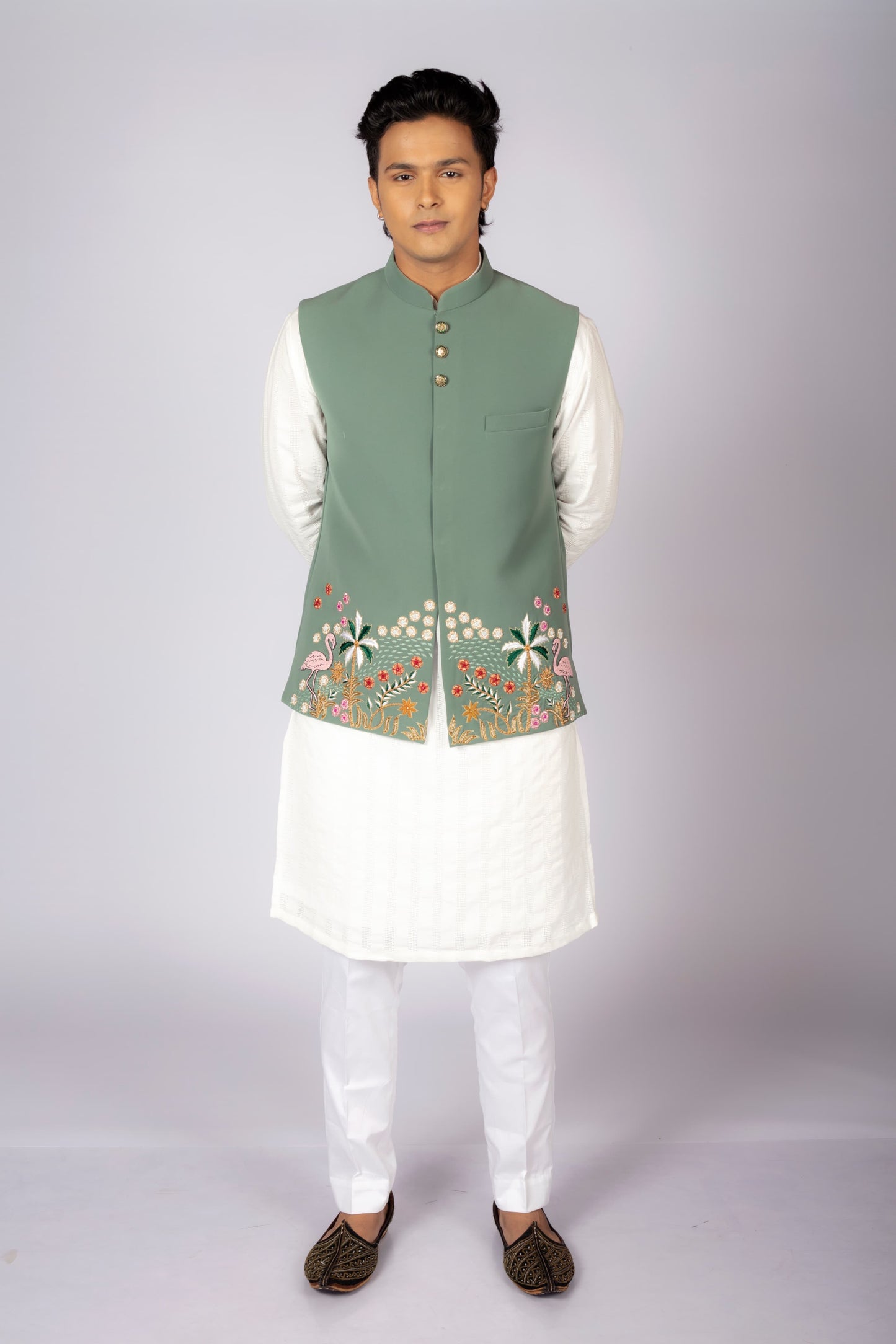 Men's Sage Green Embroidered Nehru Jacket with White Kurta Set