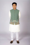 Men's Sage Green Embroidered Nehru Jacket with White Kurta Set