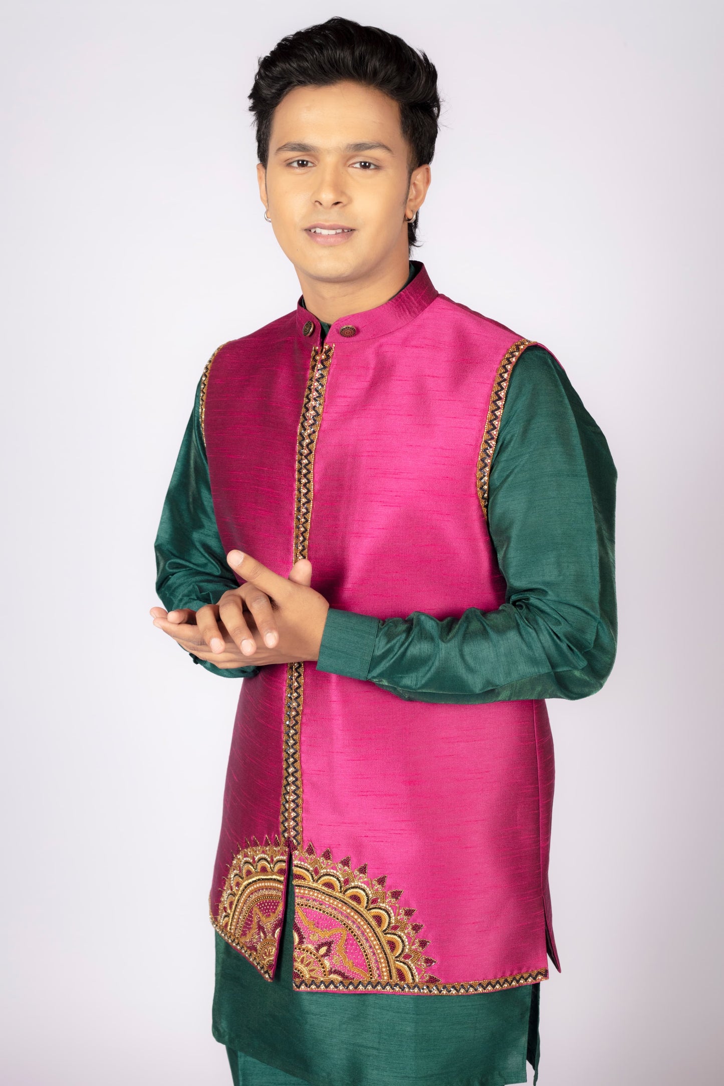 Men’s Festive Green Kurta Set with Embroidered Pink Nehru Jacket