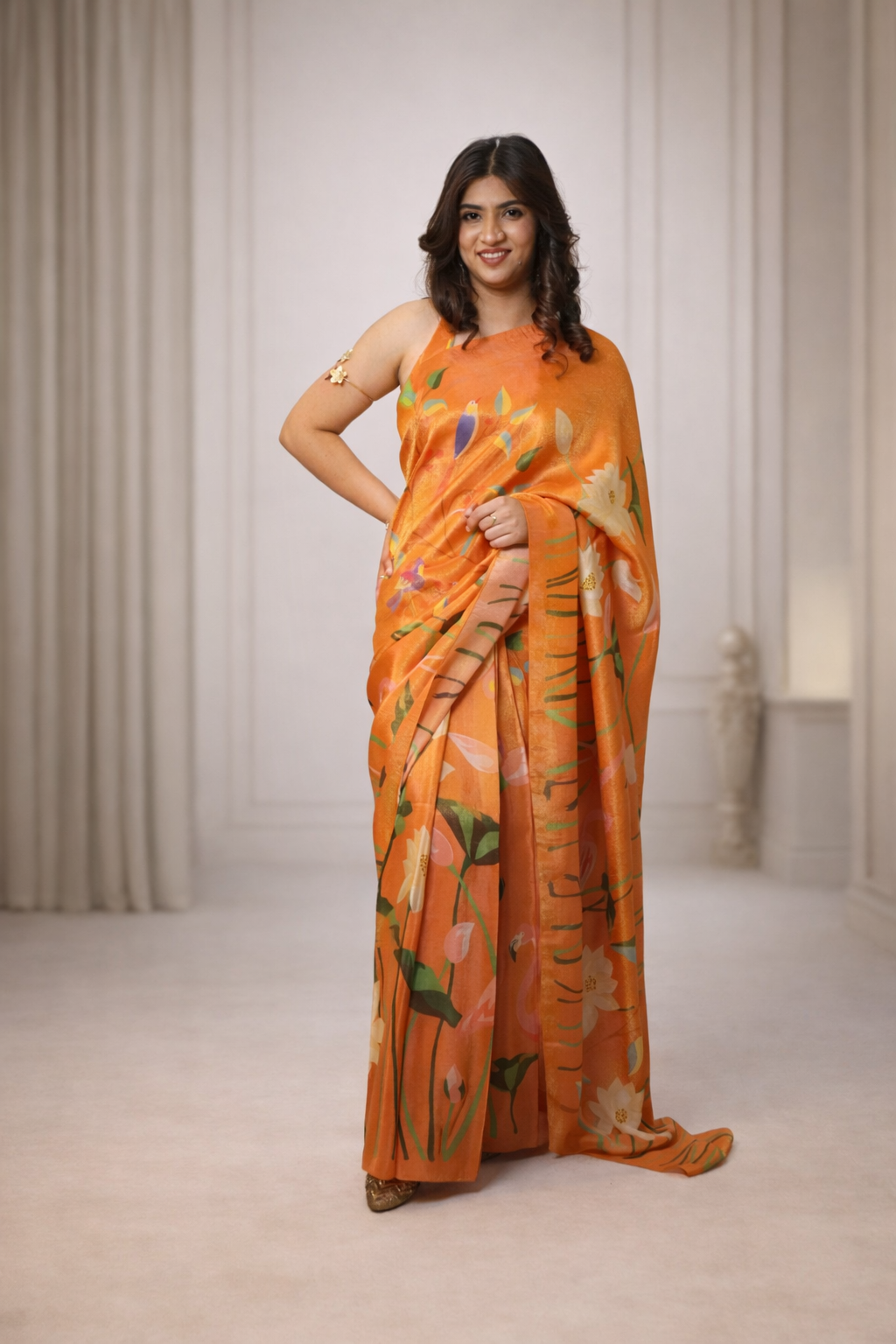 Orange pre-draped Paithani saree for women ready to wear modern ethnic saree by Jarisuta Lifestyle Rare Breed collection