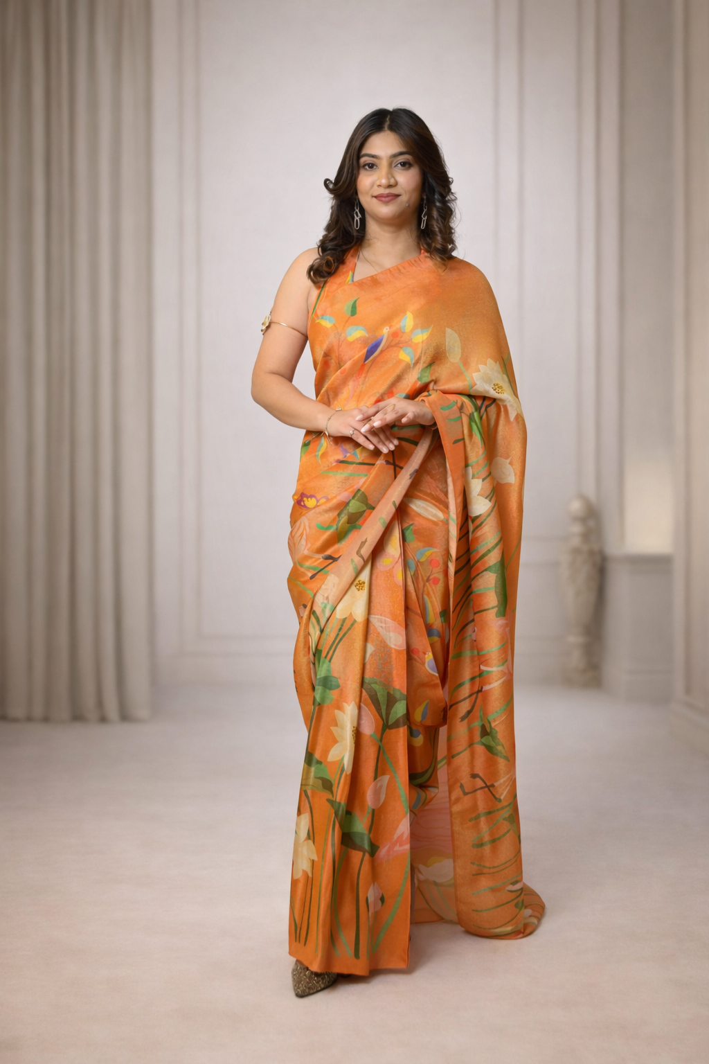Orange pre-draped Paithani saree for women ready to wear modern ethnic saree by Jarisuta Lifestyle Rare Breed collection