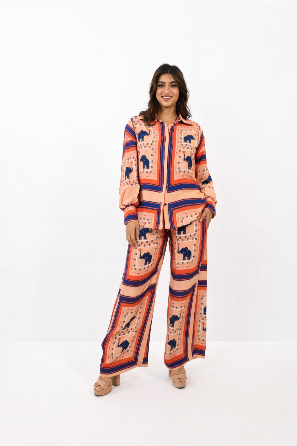 Peach printed co-ord set for women with shirt and pant statement outfit by Jarisuta Lifestyle