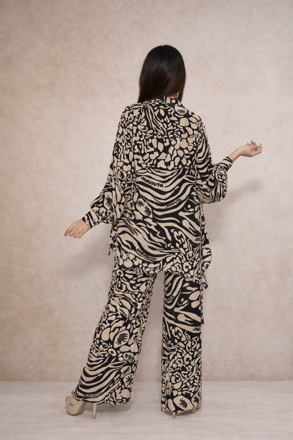 Beige and black printed co-ord set for women with shirt, pants and crop top Rare Breed collection by Jarisuta Lifestyle