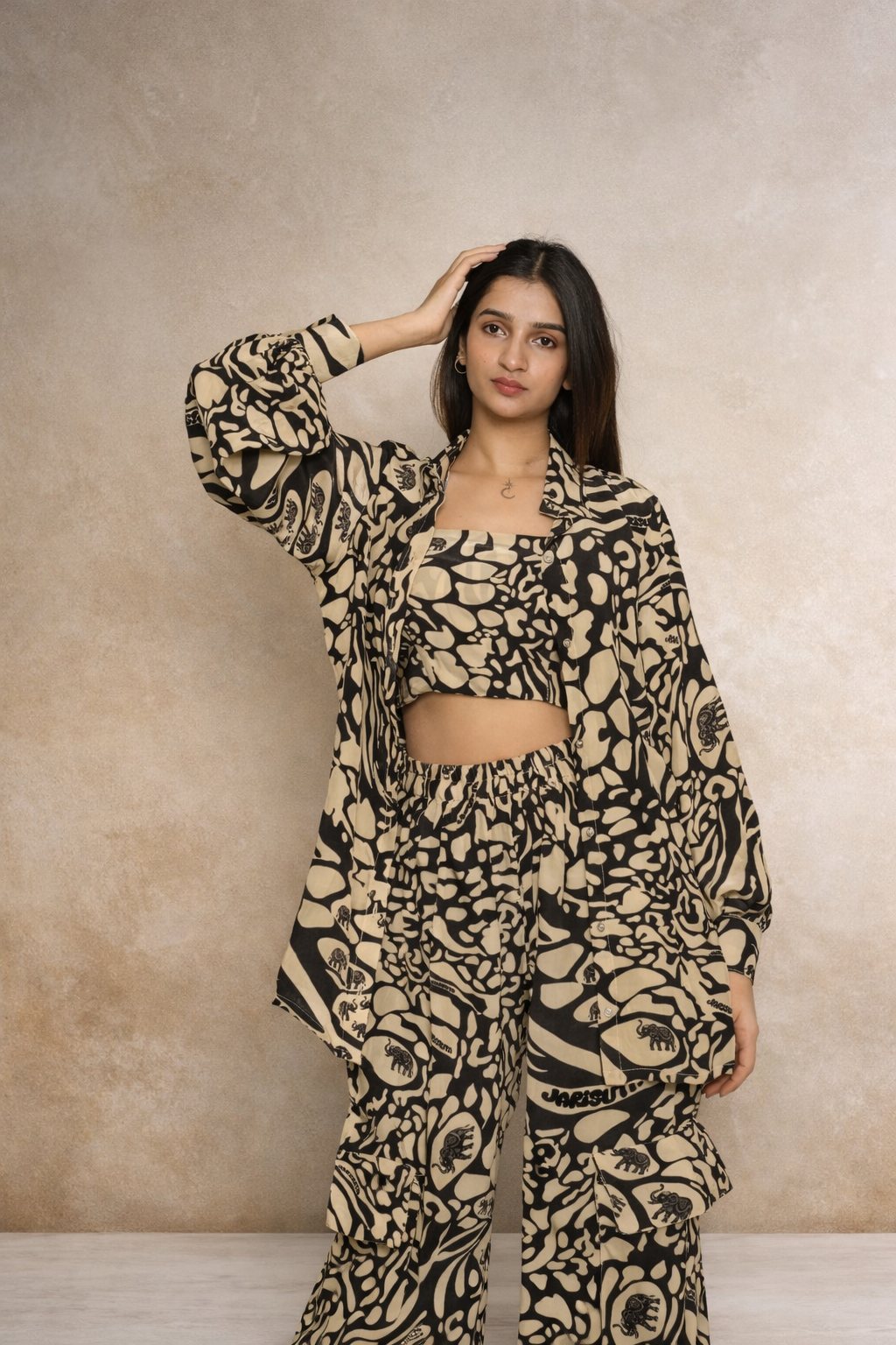 Beige and black printed co-ord set for women with shirt, pants and crop top Rare Breed collection by Jarisuta Lifestyle