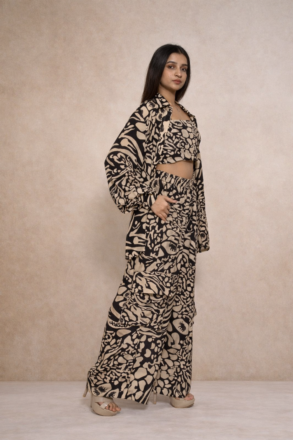 Beige and black printed co-ord set for women with shirt, pants and crop top Rare Breed collection by Jarisuta Lifestyle