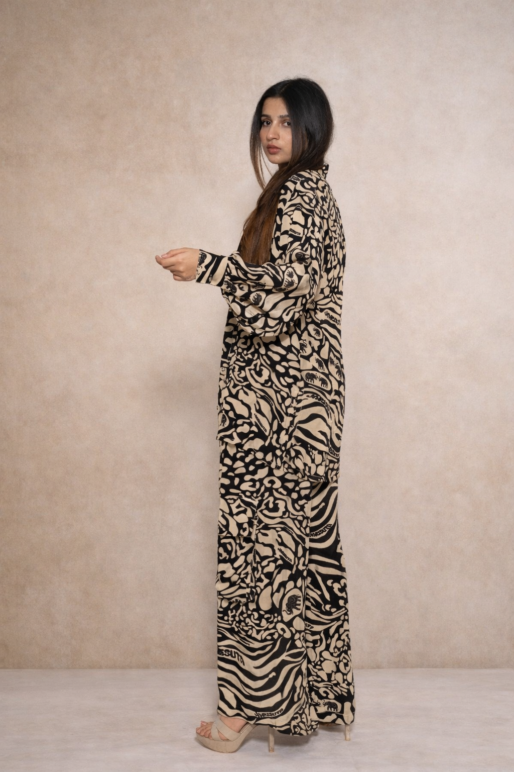 Beige and black printed co-ord set for women with shirt, pants and crop top Rare Breed collection by Jarisuta Lifestyle