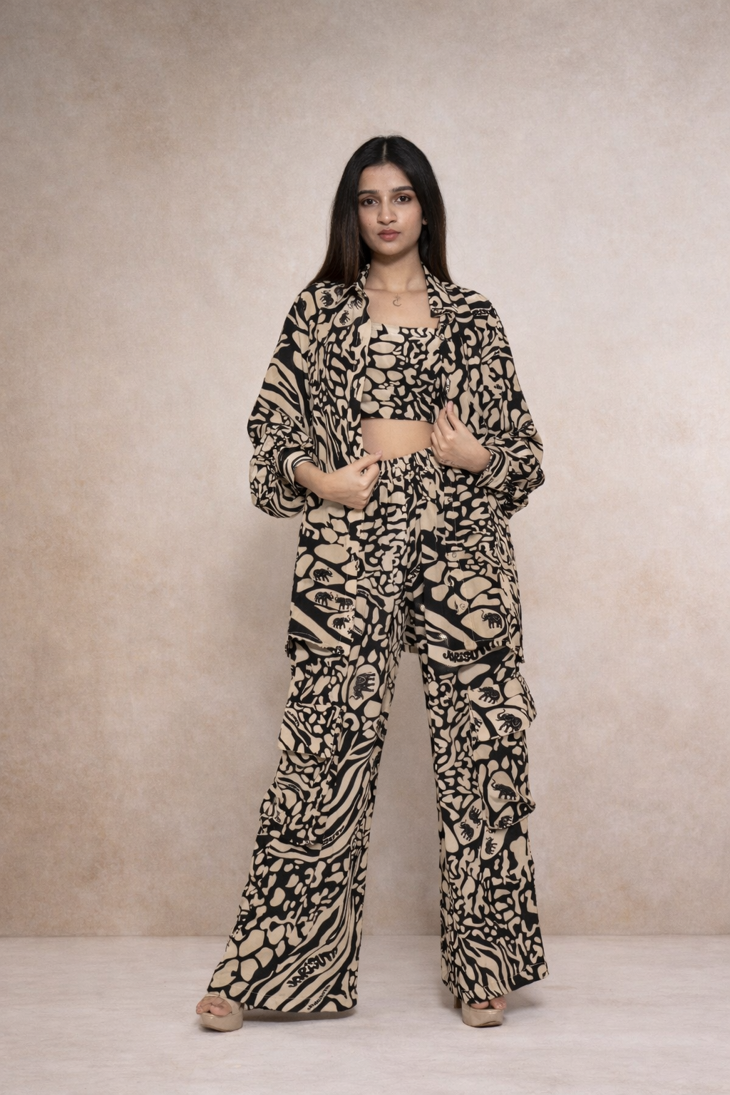 Beige and black printed co-ord set for women with shirt, pants and crop top Rare Breed collection by Jarisuta Lifestyle