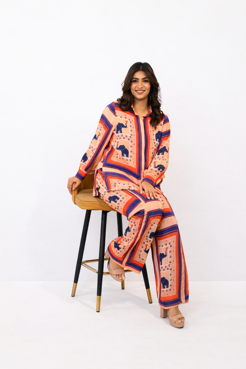 Peach printed co-ord set for women with shirt and pant statement outfit by Jarisuta Lifestyle