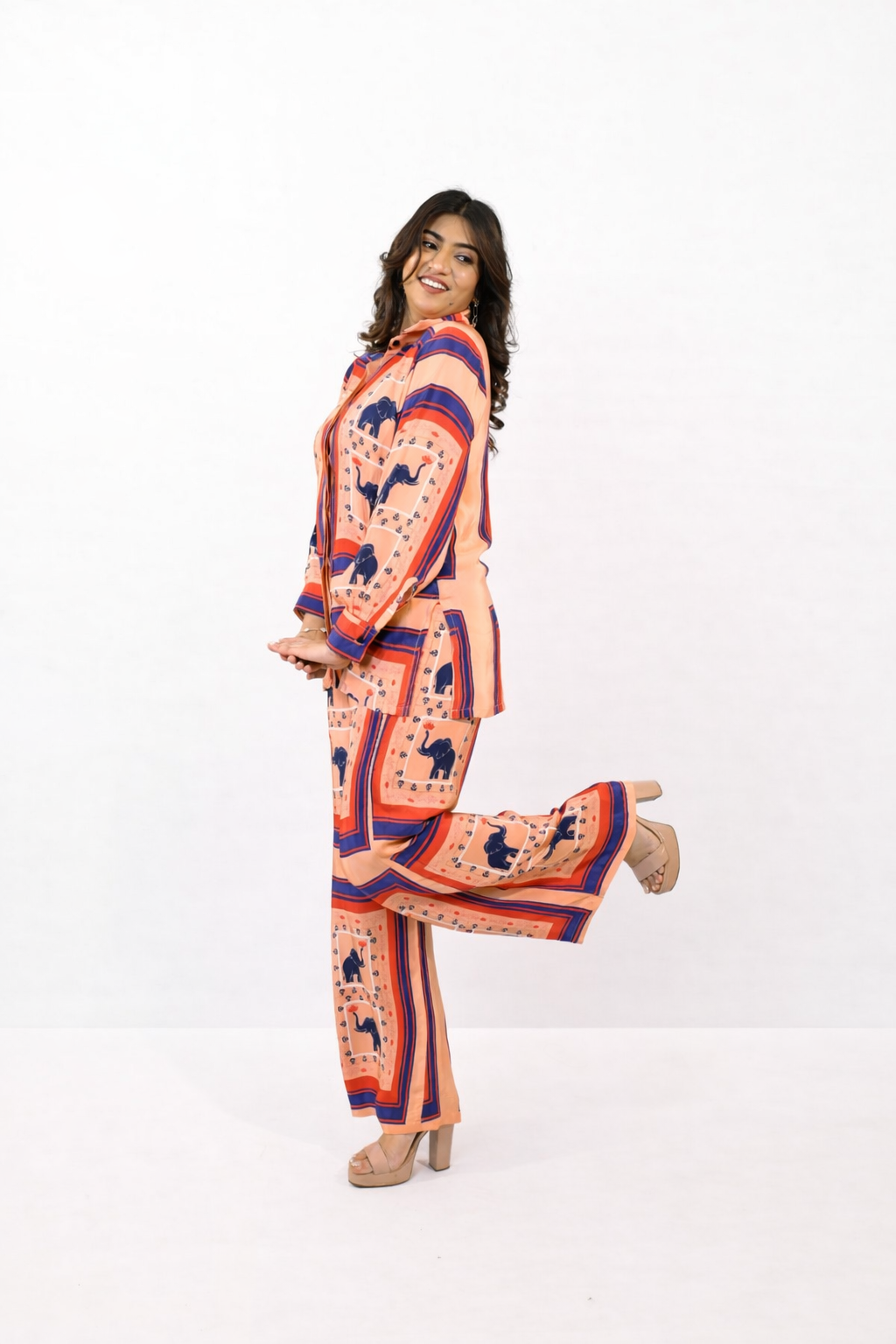 Peach printed co-ord set for women with shirt and pant statement outfit by Jarisuta Lifestyle