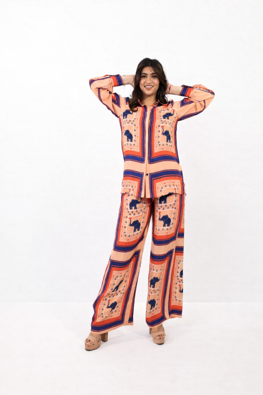 Peach printed co-ord set for women with shirt and pant statement outfit by Jarisuta Lifestyle