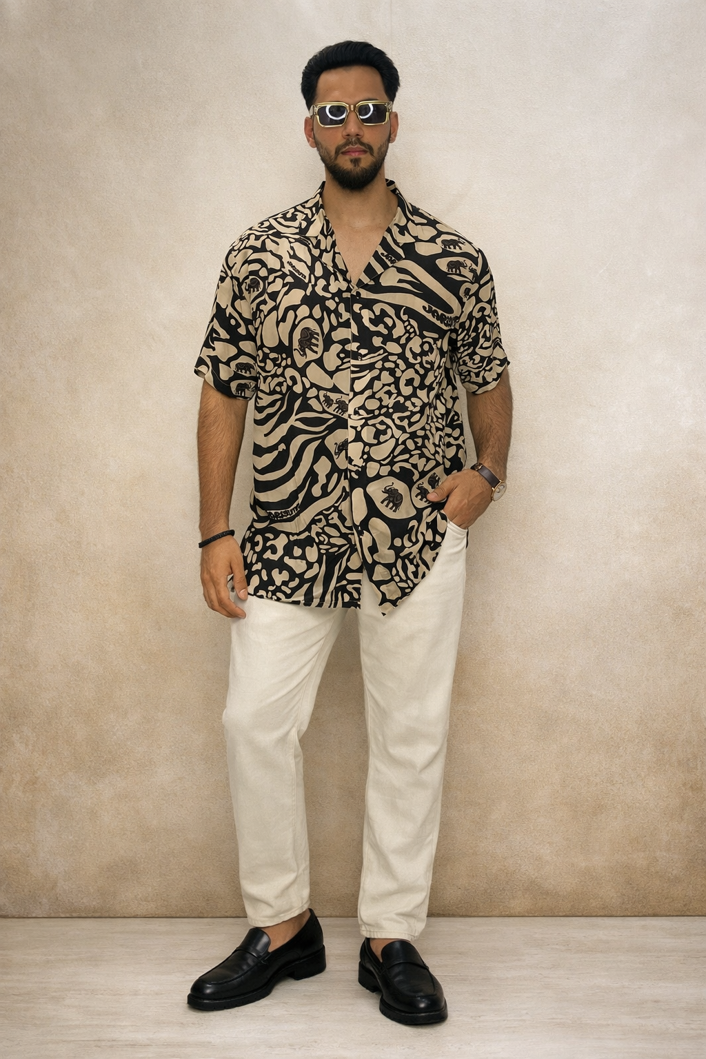 Printed shirt for men in beige and black Rare Breed statement casual shirt by Jarisuta Lifestyle