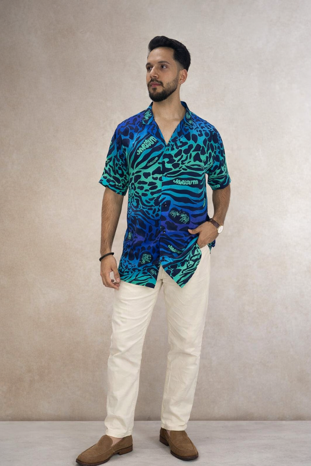 Printed shirt for men in blue and navy Rare Breed statement casual shirt by Jarisuta Lifestyle