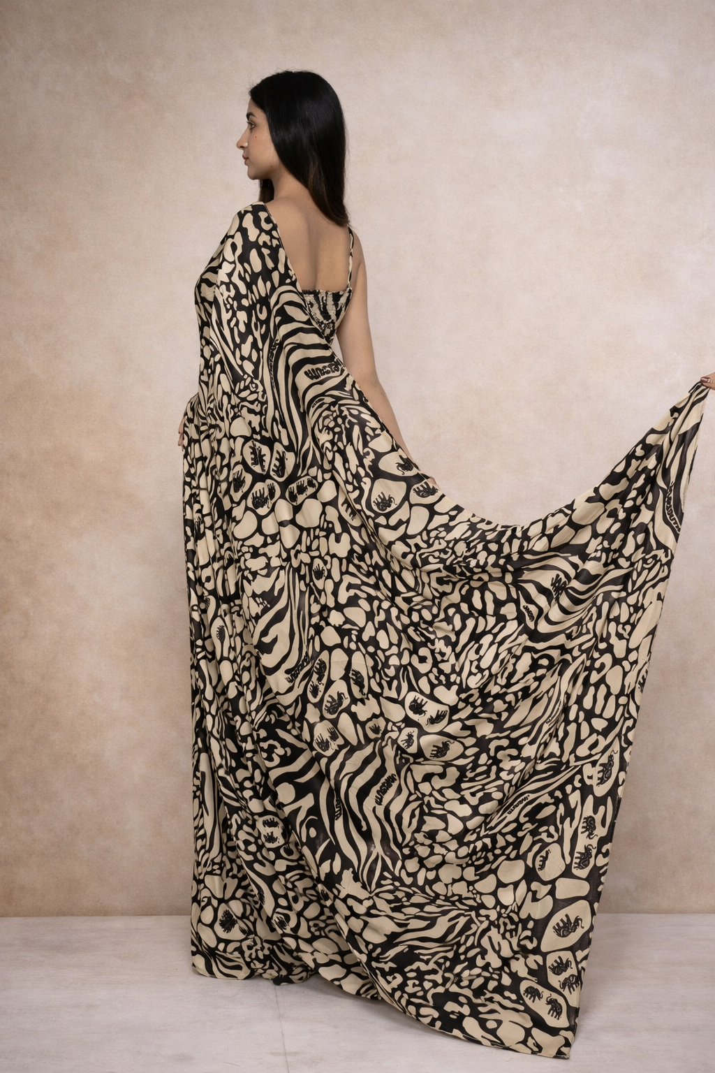 Beige black modern saree for women  contemporary statement drape by Jarisuta Lifestyle Rare Breed collection
