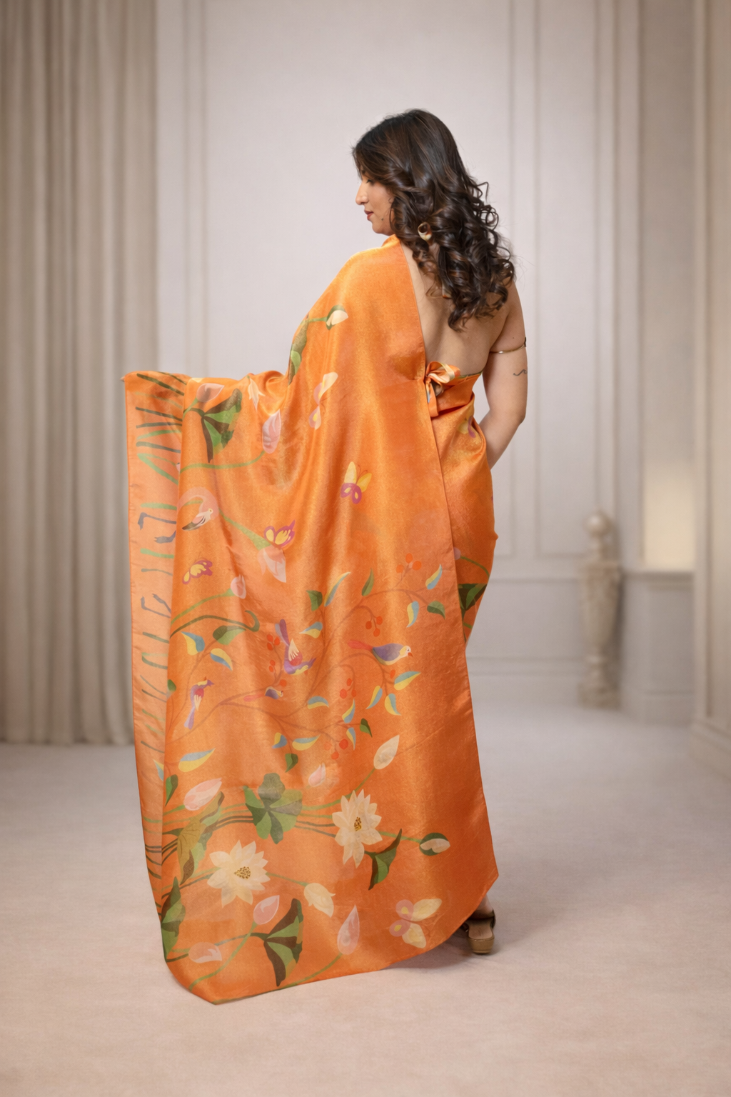 Orange pre-draped Paithani saree for women ready to wear modern ethnic saree by Jarisuta Lifestyle Rare Breed collection
