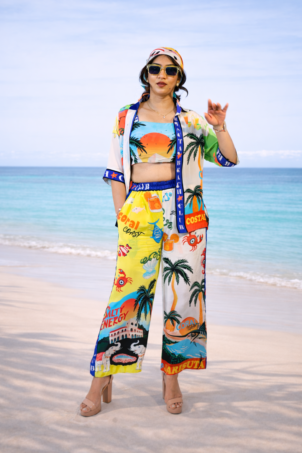 Beach co-ord set for women with top, shirt and pant Beach Club vacation outfit by Jarisuta Lifestyle