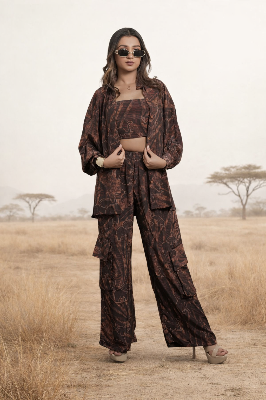 Safari printed co-ord set for women with shirt, pant and top Rare Breed statement outfit by Jarisuta Lifestyle