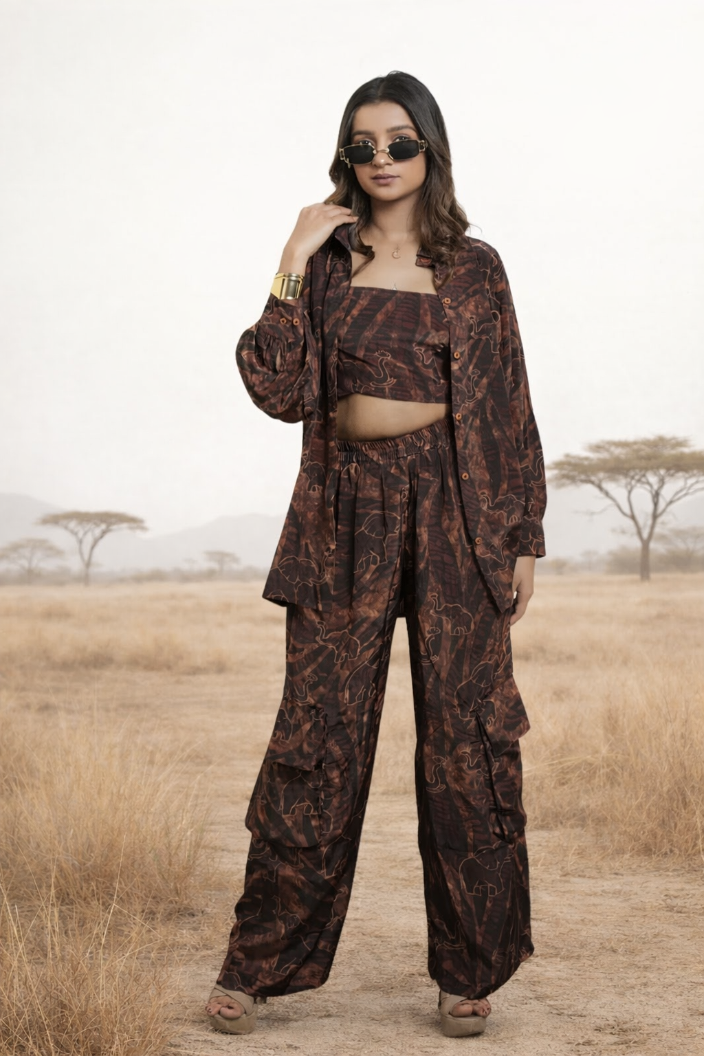 Safari printed co-ord set for women with shirt, pant and top Rare Breed statement outfit by Jarisuta Lifestyle