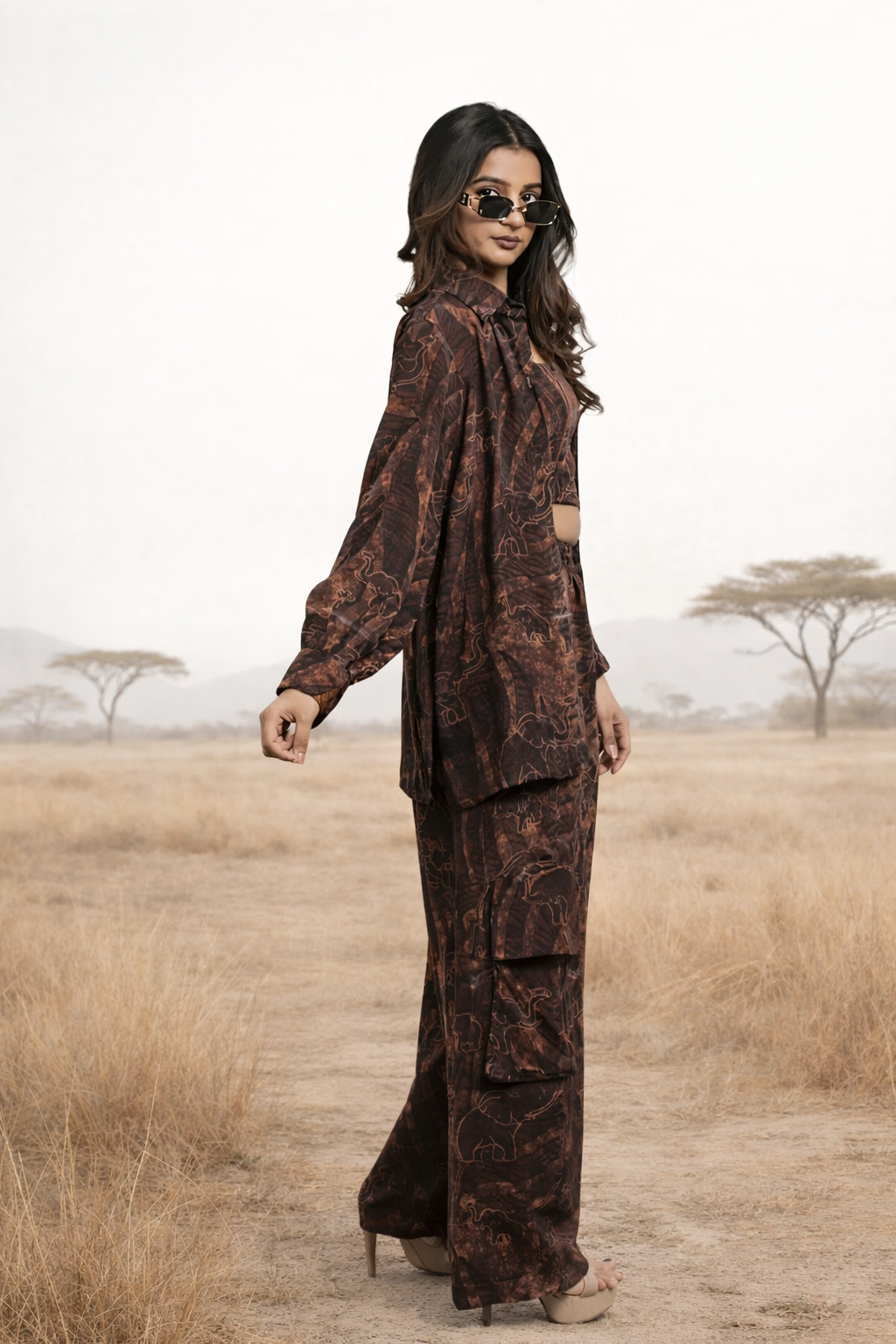 Safari printed co-ord set for women with shirt, pant and top Rare Breed statement outfit by Jarisuta Lifestyle