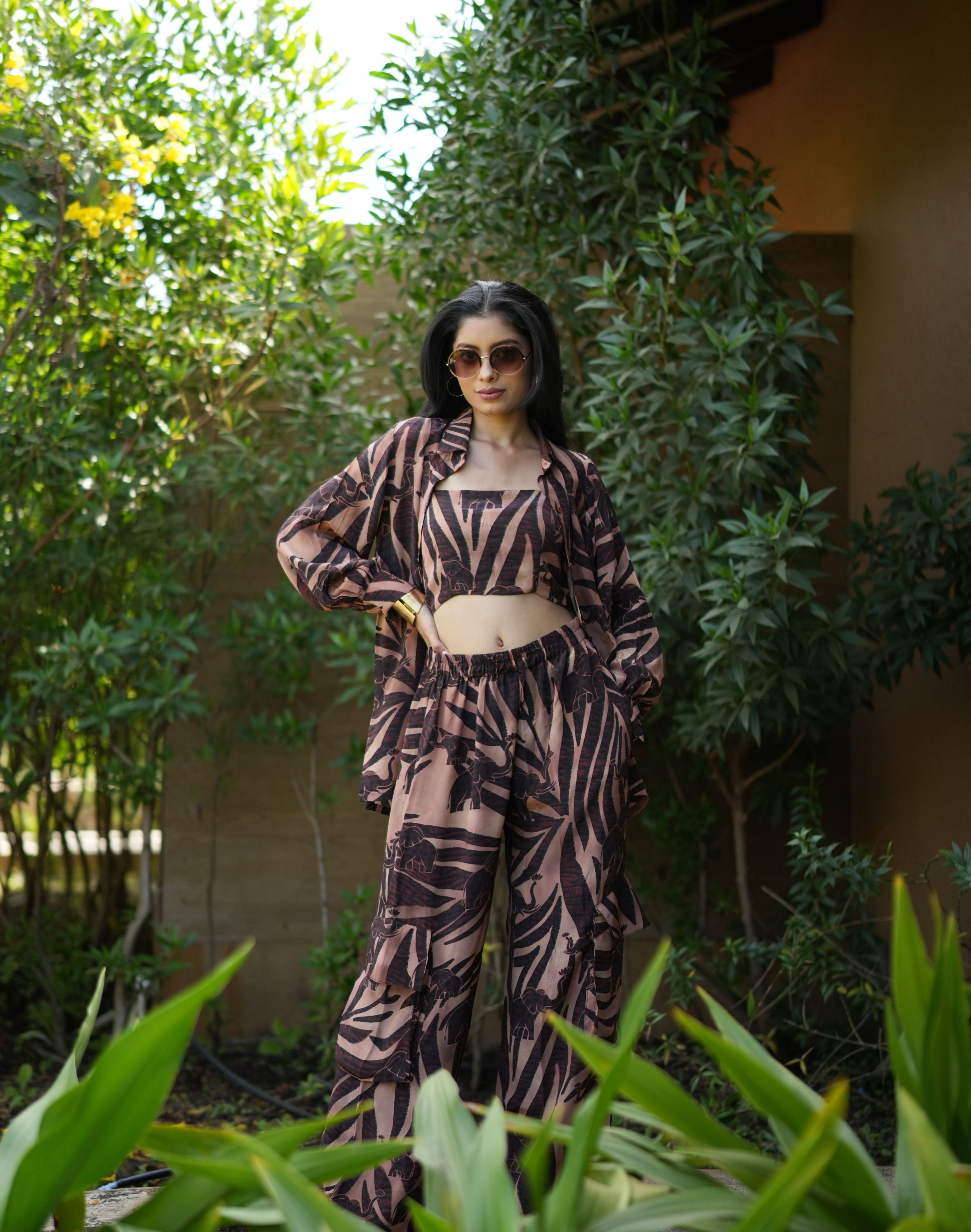 Safari printed co-ord set for women with shirt, pant and top Rare Breed statement outfit by Jarisuta Lifestyle