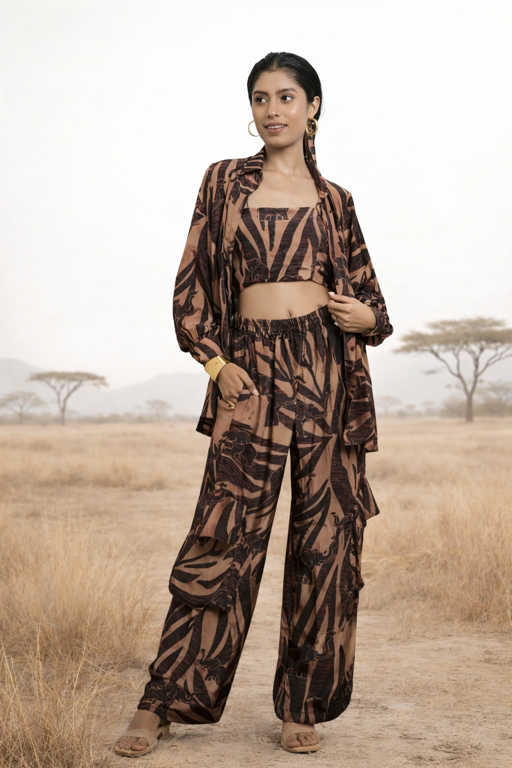 Safari printed co-ord set for women with shirt, pant and top Rare Breed statement outfit by Jarisuta Lifestyle